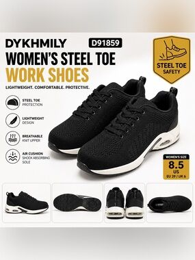 DYKHMILY D91859 Women’s 8.5 Steel Toe Work Shoes Black Air Cushion Safety